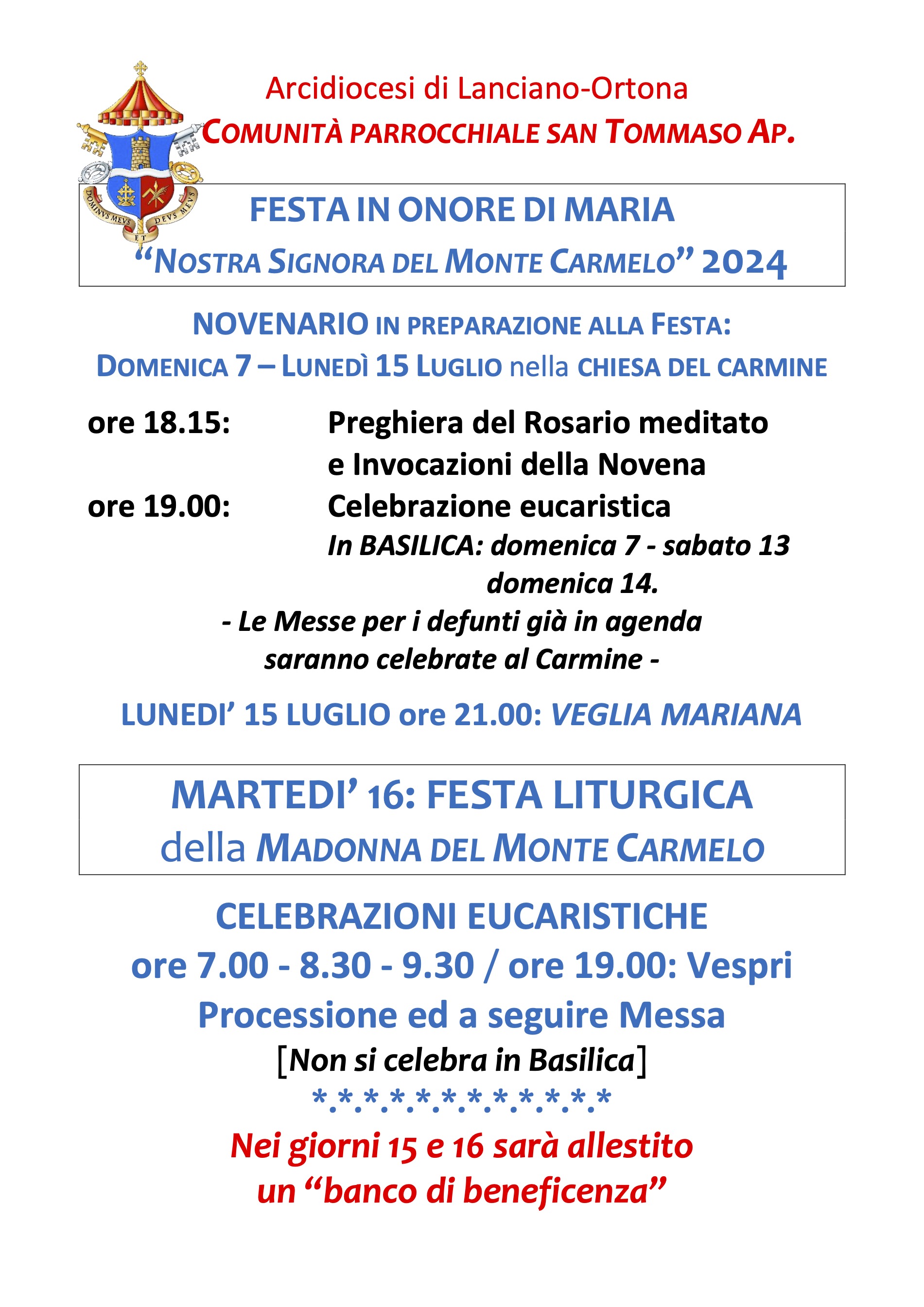 Solennità in onore "Nostra Signora del Monte Carmelo" 2024